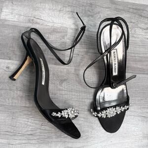 MANOLO BLAHNIK Black Satin Slingback Crystal Sandals Heels Size 38 1/2